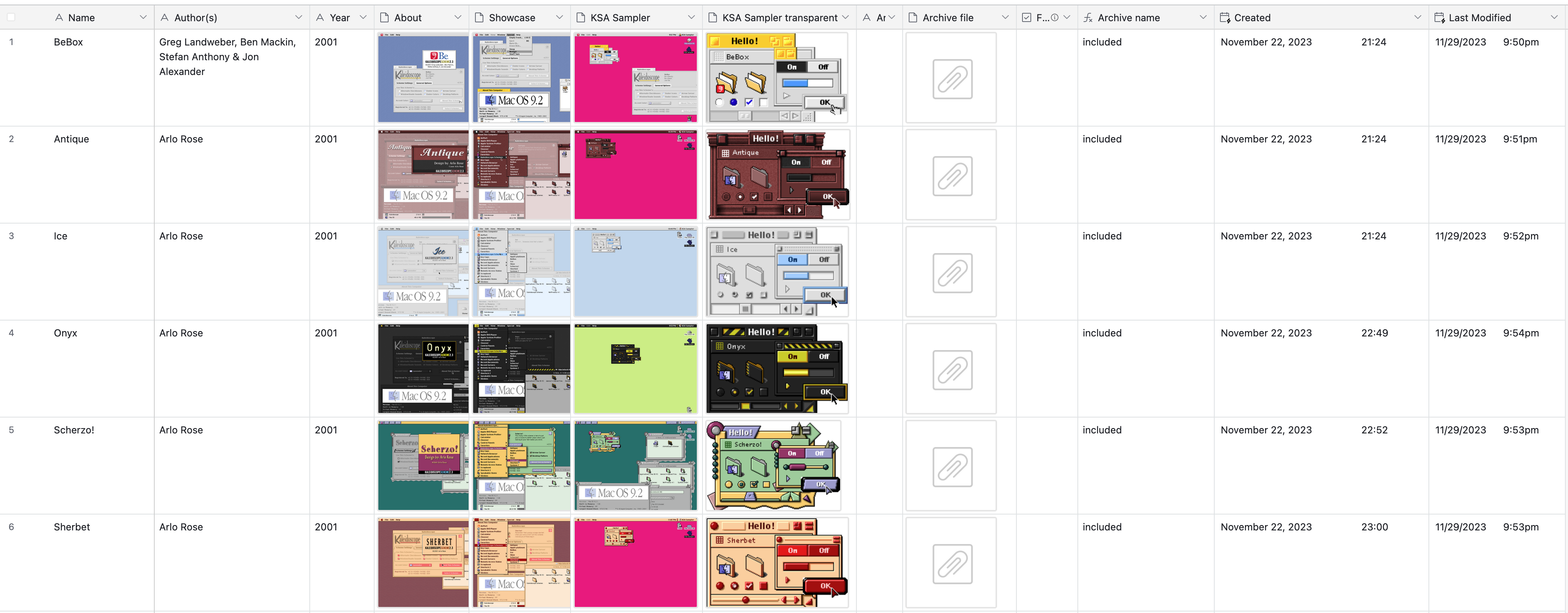6 rows inside an Airtable database, showing screenshots and scheme information