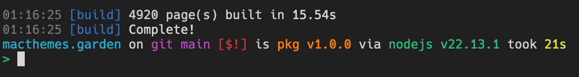 "Astro's CLI showing it built 4920 pages in 15.54s"
